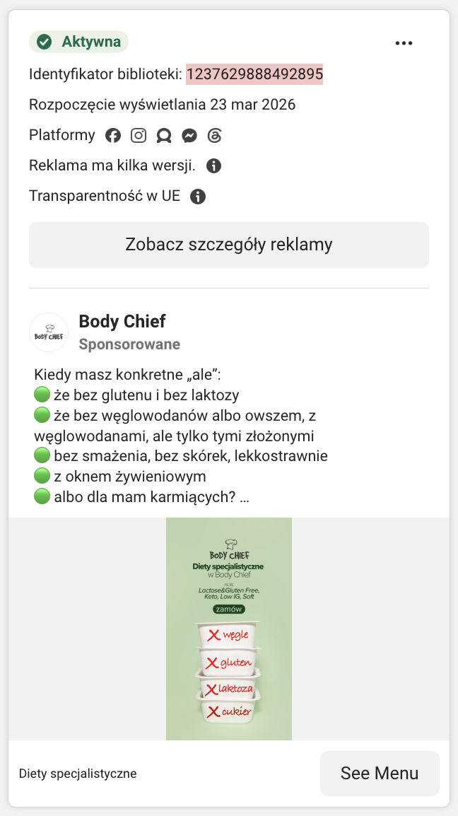 Karta reklamy Body Chief w Meta Ad Library: lista diet specjalistycznych (bez glutenu, laktozy i cukru).
