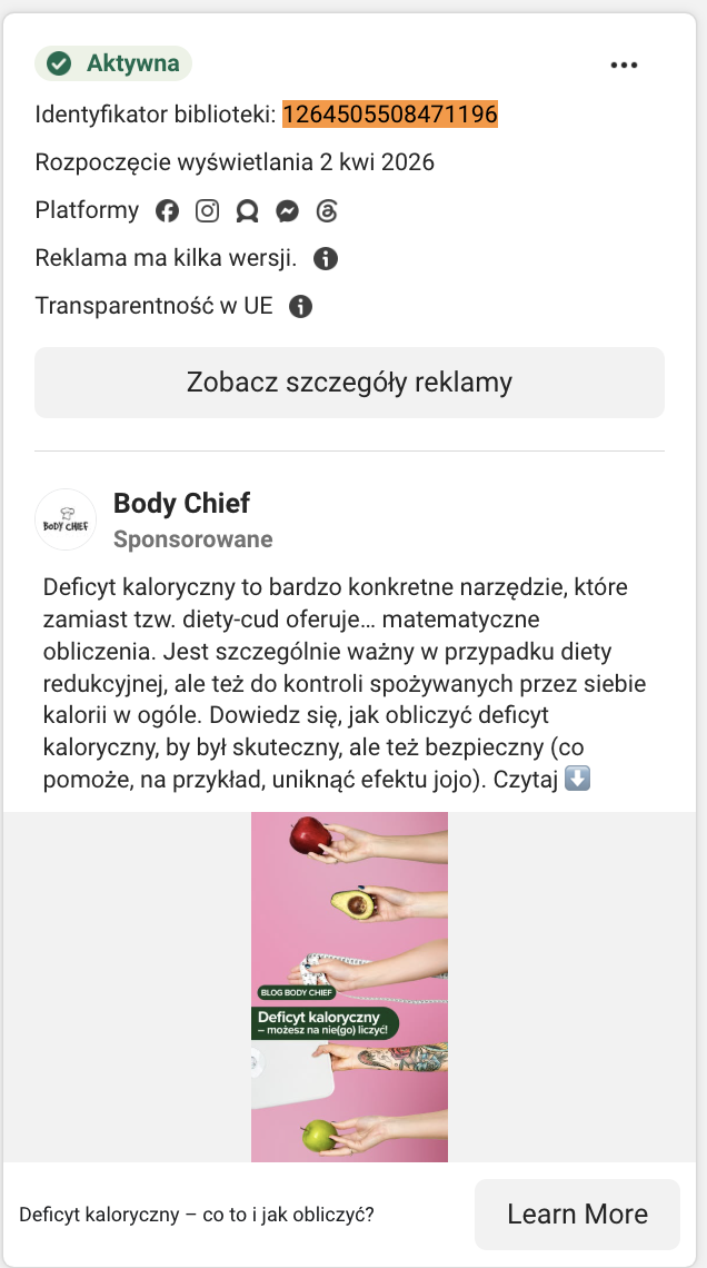 Karta reklamy Body Chief w Meta Ad Library: materiał edukacyjny „Deficyt kaloryczny” z odnośnikiem do bloga.