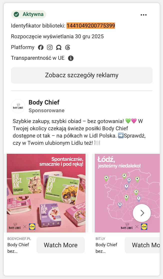 Karta reklamy Body Chief w Meta Ad Library: mapa miast z dostępnością i kafel produktów Body Chief w Lidlu.