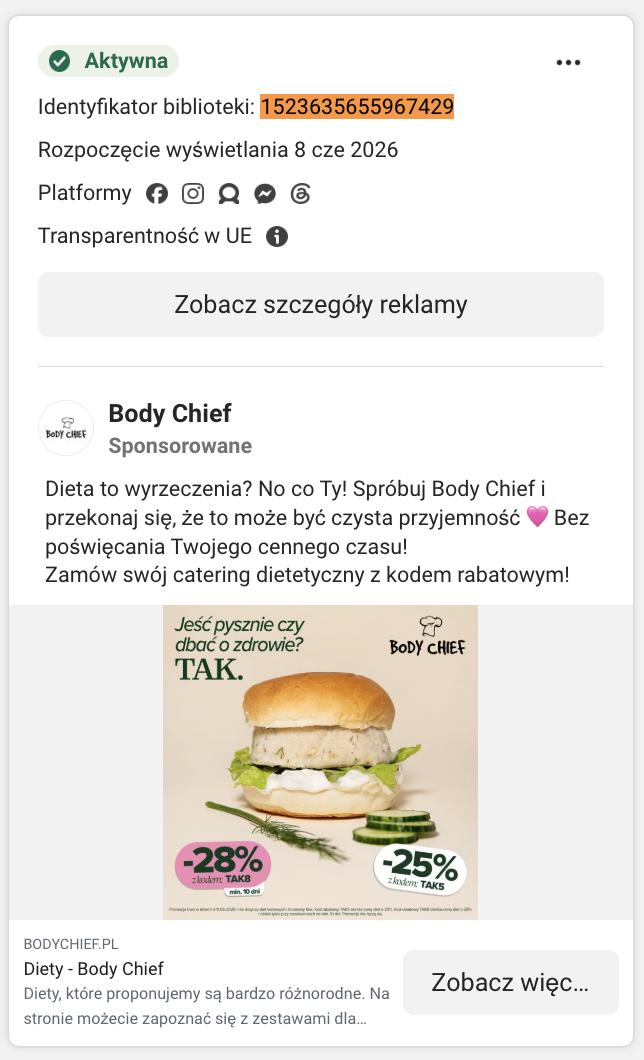 Karta reklamy Body Chief w Meta Ad Library: burger oraz kody rabatowe TAK (−28% i −25%).
