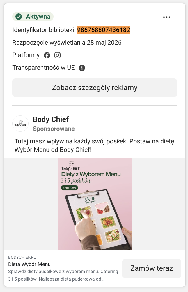 Karta reklamy Body Chief w Meta Ad Library: „Diety z Wyborem Menu”, plansza menu z 315 posiłkami.