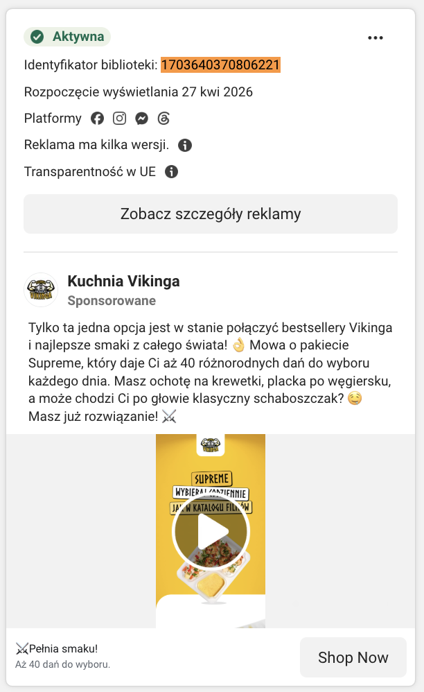 Karta reklamy Kuchnia Vikinga w Meta Ad Library: linia „Supreme” z 40 daniami do wyboru.