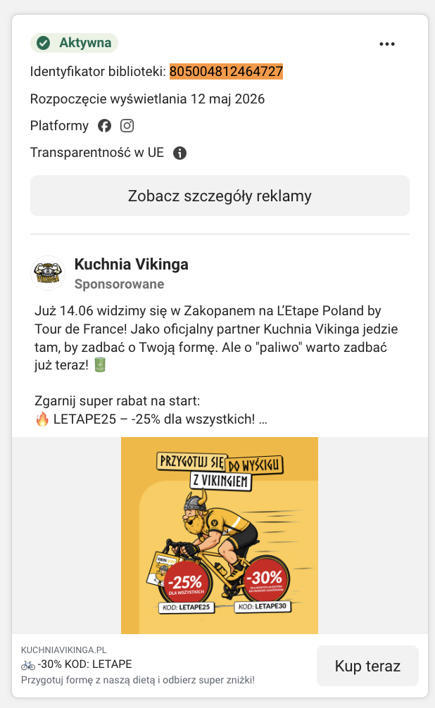 Karta reklamy Kuchnia Vikinga w Meta Ad Library: rysunkowa maskotka na rowerze i kody LETAPE25/LETAPE30 przy L'Etape.