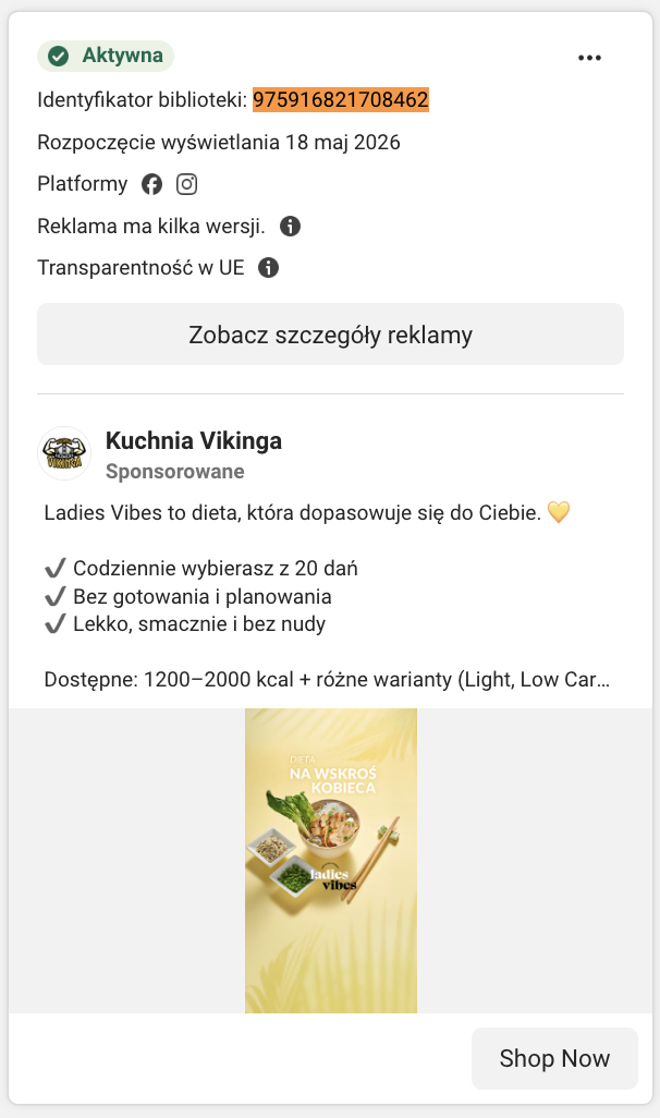 Karta reklamy Kuchnia Vikinga w Meta Ad Library: dieta „Ladies Vibes”, miska zbilansowanego posiłku.