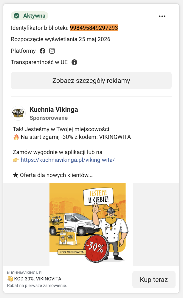 Karta reklamy Kuchnia Vikinga w Meta Ad Library: rysunkowa maskotka Wikinga i kod VIKINGWITA -30% dla nowych klientów.