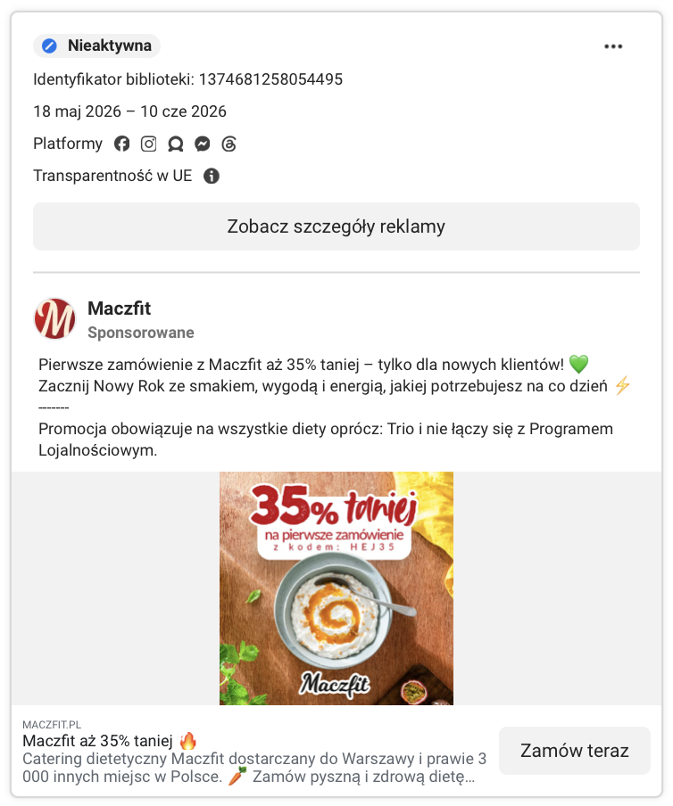 Karta reklamy Maczfit w Meta Ad Library: danie na talerzu, kod HEJ35 i hasło „35% taniej na pierwsze zamówienie”.