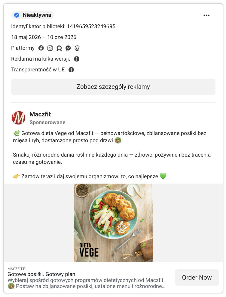 Karta reklamy Maczfit w Meta Ad Library: miska dania „Dieta Vege” z osobnej kampanii dla wybranego typu diety.