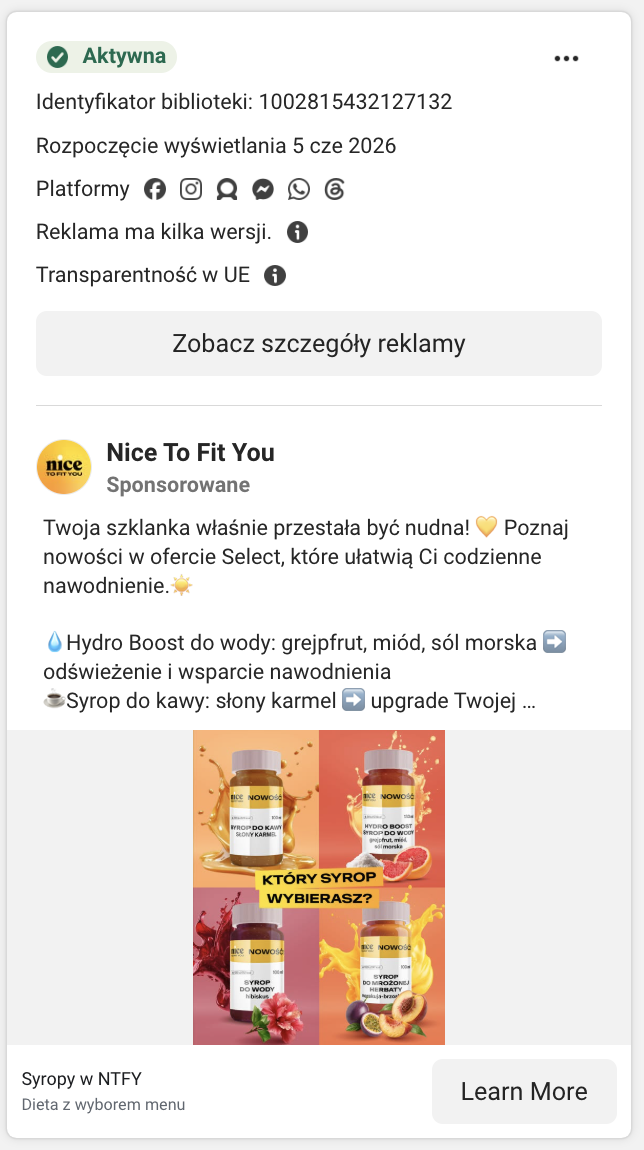 Karta reklamy Nice To Fit You w Meta Ad Library: syropy Select (Hydro Boost, słony karmel) — „Który syrop wybierasz?”.