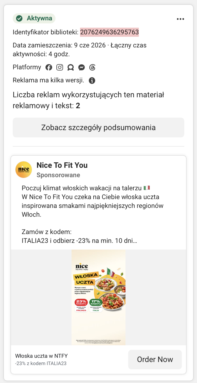 Karta reklamy Nice To Fit You w Meta Ad Library: „Włoska uczta” i kod ITALIA23 (-23%).