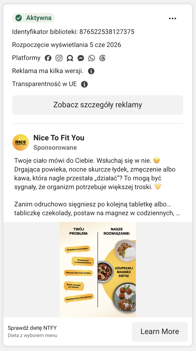 Karta reklamy Nice To Fit You w Meta Ad Library: infografika „Twój problem / Nasze rozwiązanie” o sygnałach ciała.