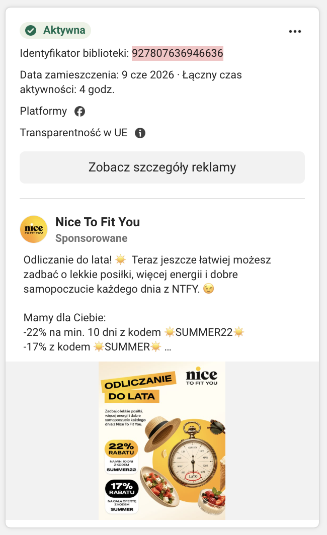 Karta reklamy Nice To Fit You w Meta Ad Library: kody SUMMER22 (-22%) i SUMMER (-17%) na tle wagi i owoców.
