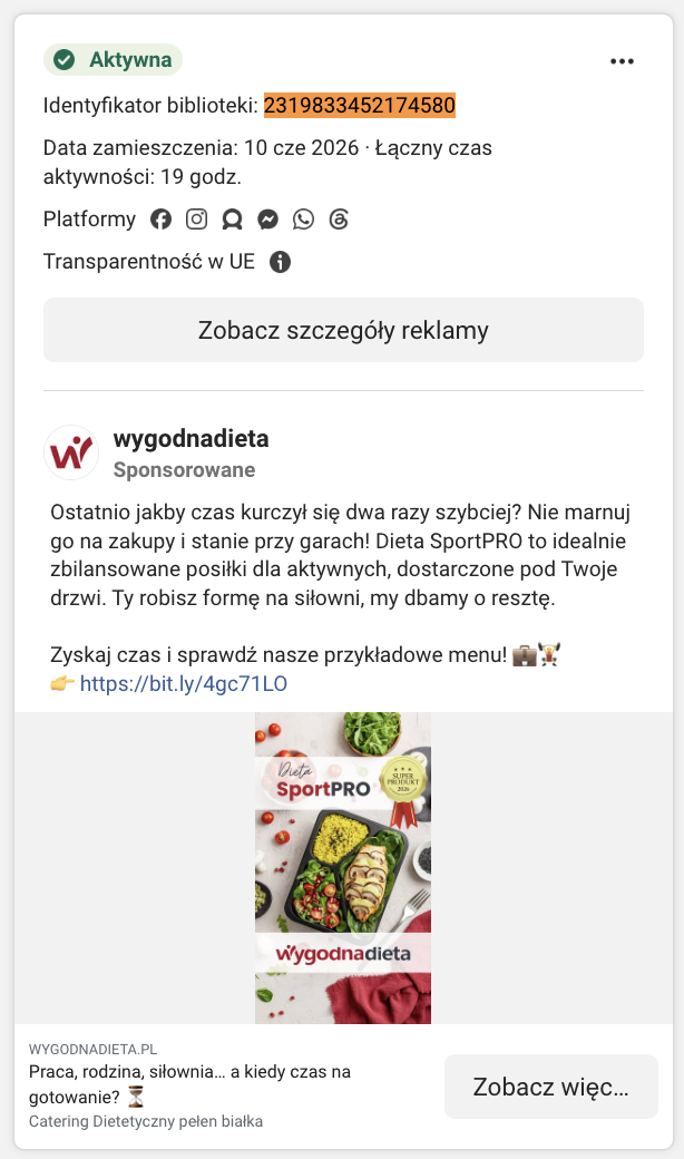 Karta reklamy WygodnaDieta w Meta Ad Library: zestawy posiłków SportPRO dla osób aktywnych.